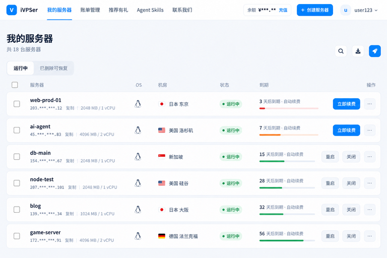 iVPSer 中文服务器列表：多机房服务器的系统、配置、运行状态、到期时间和管理操作