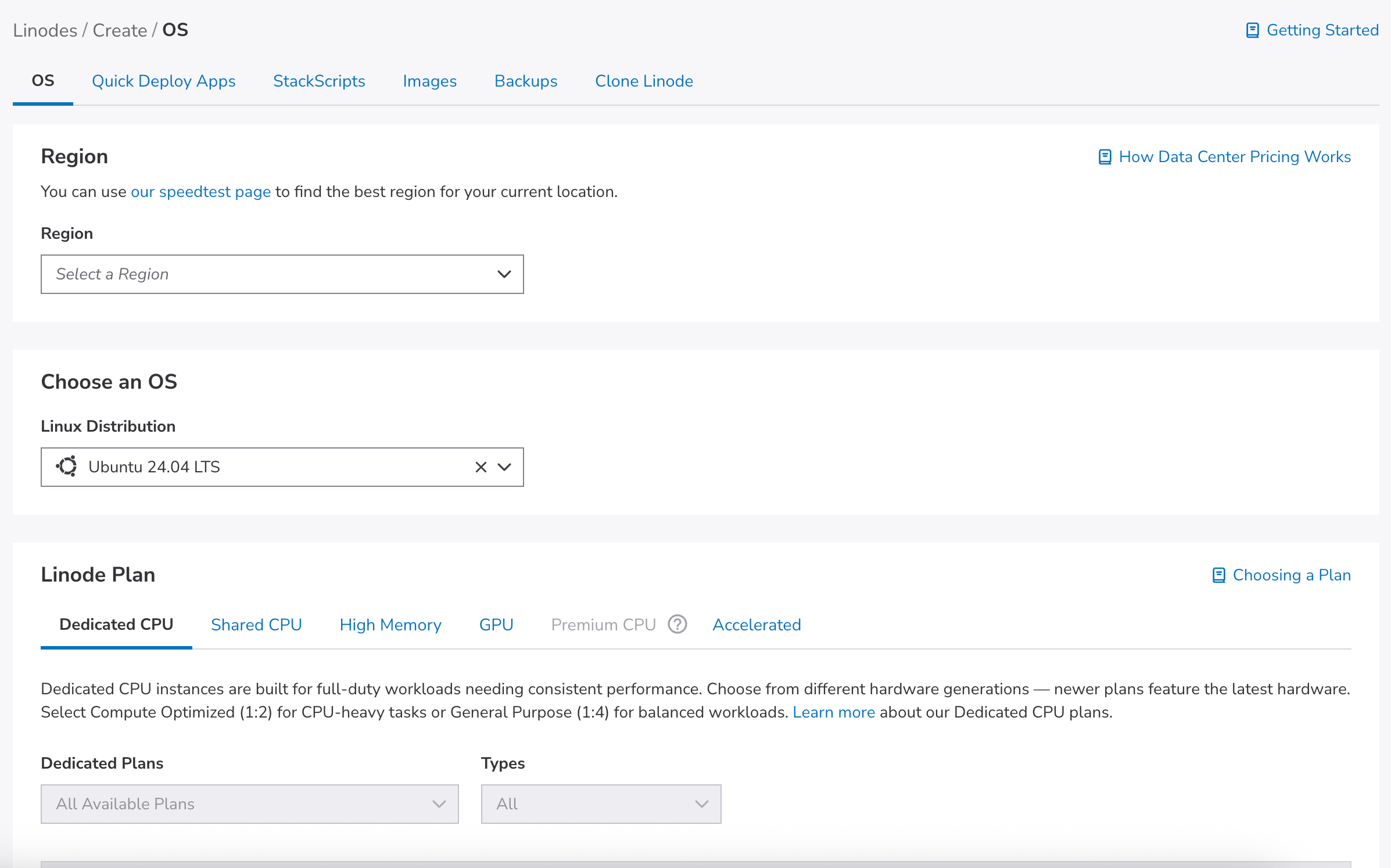 Linode Cloud Manager 创建实例界面